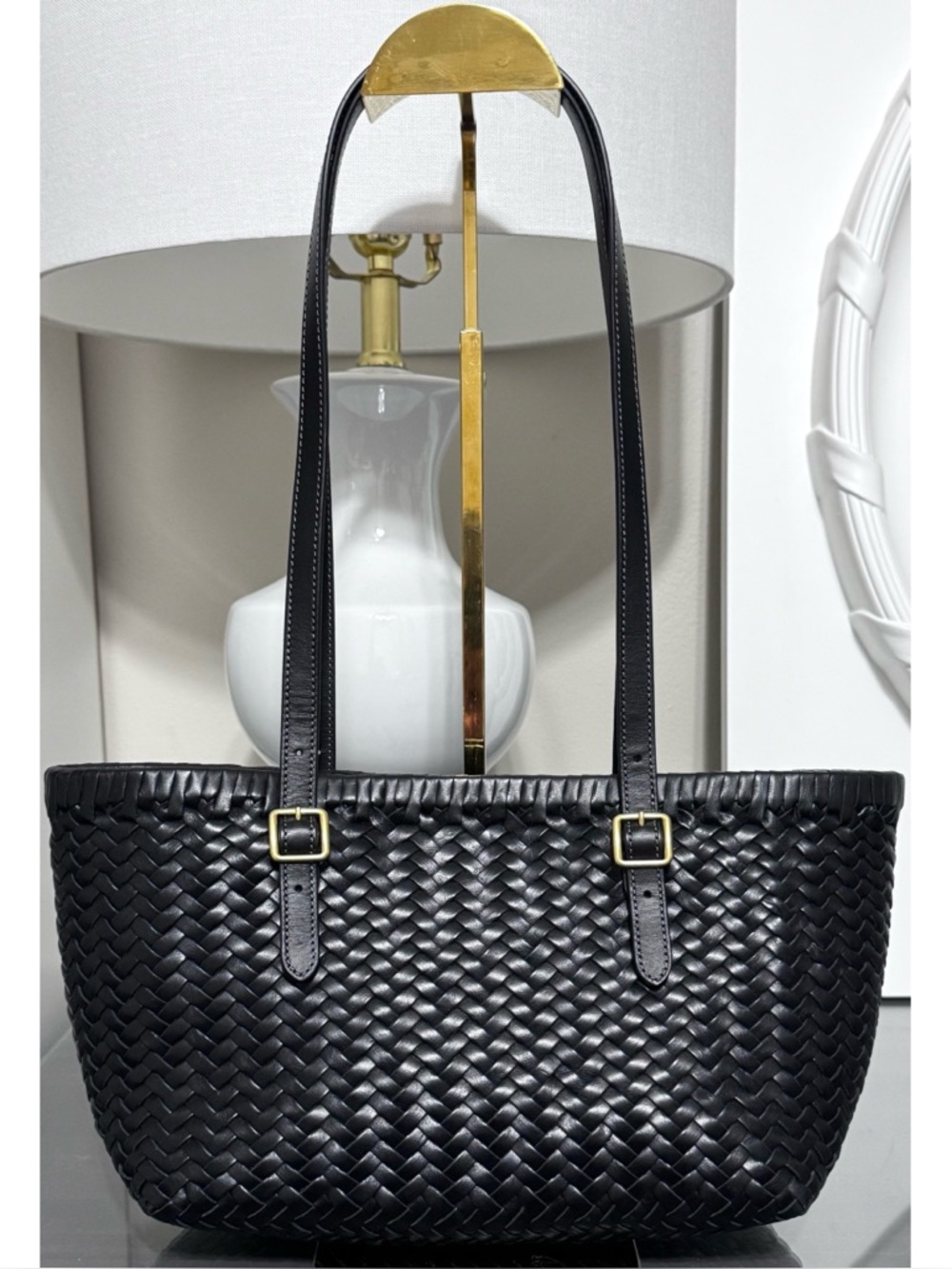 COACH Woven Leather Swing Tote Bag, BLACK/ GOLD - Picture 3 of 11
